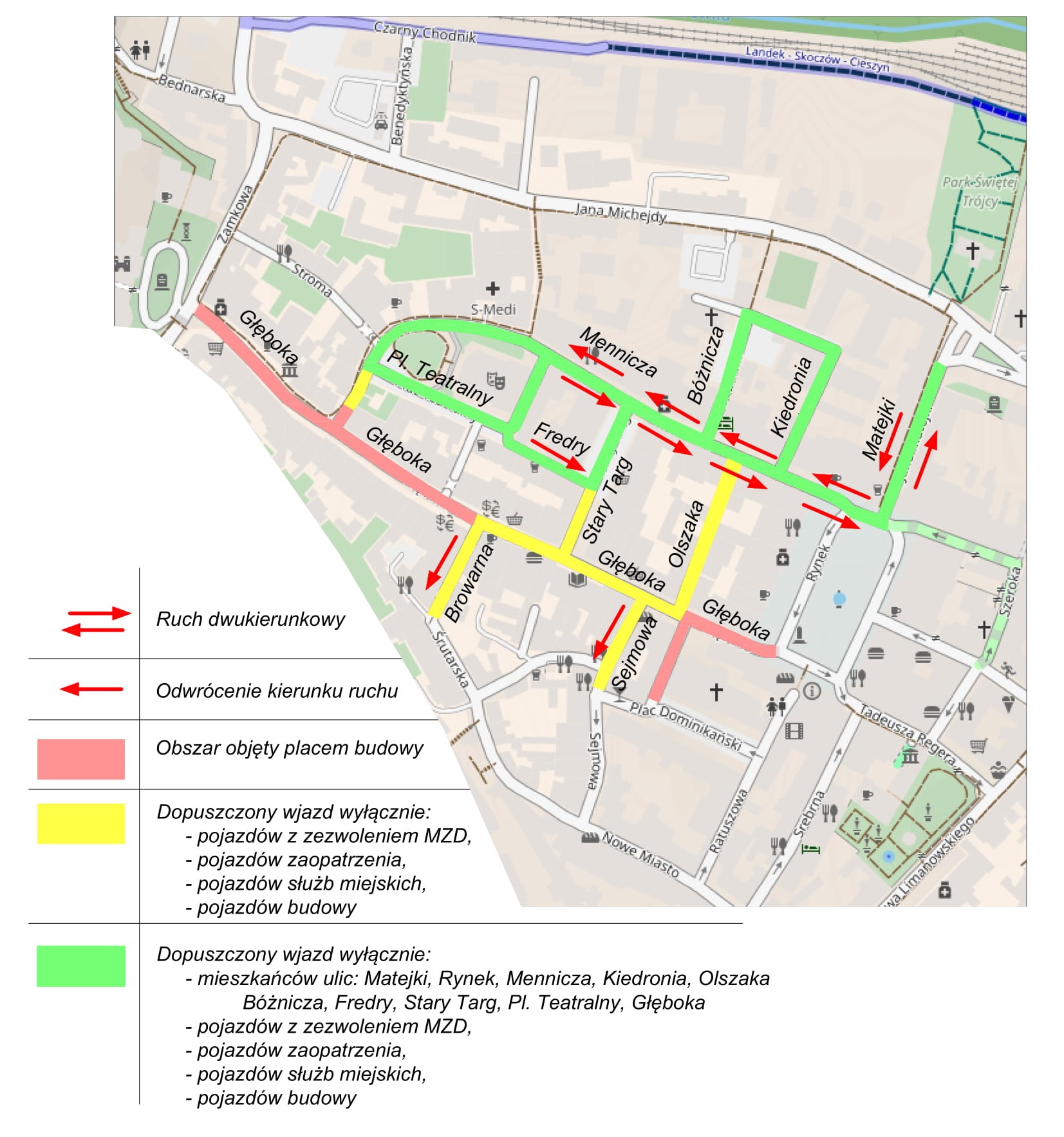 Mapa nowej organizacji ruchu w centrum Cieszyna